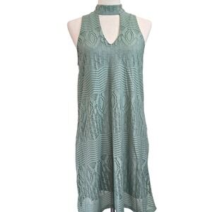 Green Lace Mock Neck Sleeveless Dress Women Sz Medium Cocktail Boho Chic Elegant